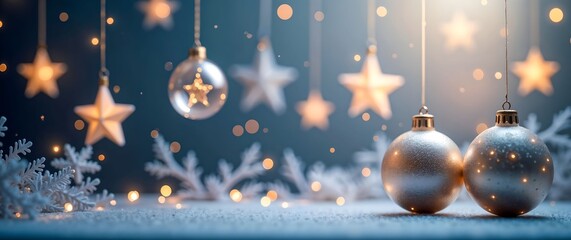 Golden stars and glass baubles hanging above snowy surface with warm bokeh lights, dreamy festive winter decoration.