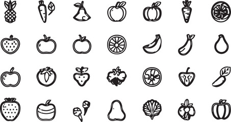 Fruits and Vegetables Line Art Icons Set — Minimal Black Outline Vector Collection