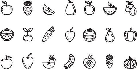 Fruits and Vegetables Line Art Icons Set — Minimal Black Outline Vector Collection