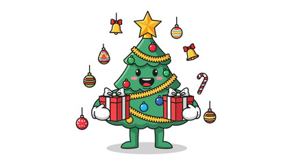 Holiday Cheer: A whimsical illustration of a jovial Christmas tree, adorned with festive ornaments and twinkling lights, proudly presents gifts, embodying the spirit of the season.