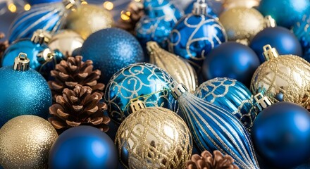A vibrant collection of gold and blue Christmas ornaments, creating a festive and joyful holiday mood.