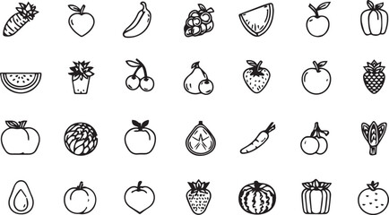 Fruits and Vegetables Line Art Icons Set — Minimal Black Outline Vector Collection