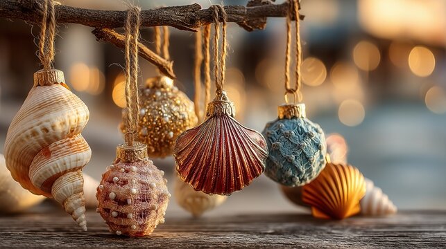 tropical christmas concept. Seashell decorations hanging with a blurred background of lights.