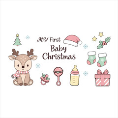 My First Baby Christmas Kawaii Clipart Set | Cute Reindeer, Bottle, Gift, Santa Hat, Stockings