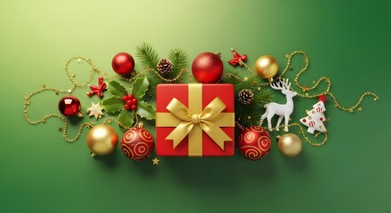A festive arrangement showcasing a red gift box adorned with gold ribbon amid holiday ornaments, evergreen.
