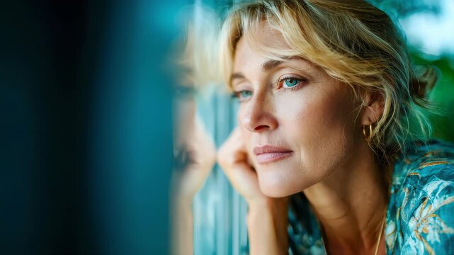 Close-up of an elderly woman gazing thoughtfully into the distance, symbolizing reflection, solitude, and life experience