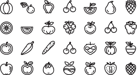 Fruits and Vegetables Line Art Icons Set — Minimal Black Outline Vector Collection