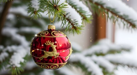 A glimmering ruby bauble hangs delicately from a snow-dusted evergreen, a radiant sign of winters joy.