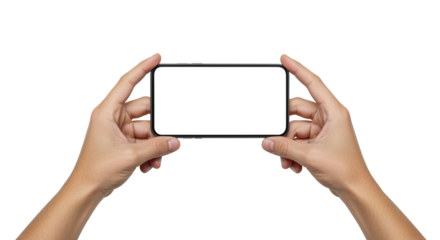 Hands holding smartphone horizontal screen isolated on a transparent background