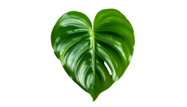 A shiny, heart-shaped, vibrant green leaf with prominent veins against a black background