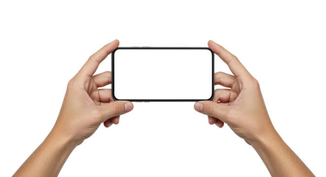 Hands holding smartphone horizontal screen isolated on a transparent background - Powered by Adobe