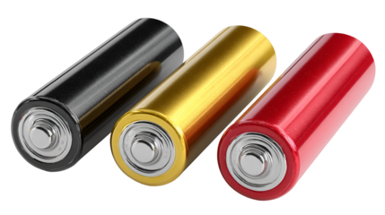 Three colorful aa batteries in black gold and red arranged diagonally on a black background
