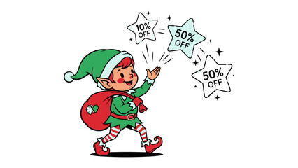 Festive Elf's Sales Magic: A jovial elf, adorned in traditional attire, shares stellar deals with the sparkle of a season's greetings. Embrace holiday cheer and savings.