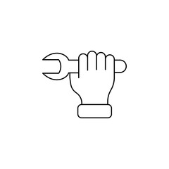 Working hand with wrench outline icon. Can be used for any platform action promotion and advertising mockup. Isolated symbol sign used for: mobile, app, design, web, dev, ui, ux, gui. EPS 10