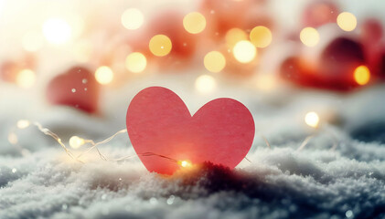Red paper heart lying on snow with glowing fairy lights and golden bokeh in the background, romantic winter scene symbolizing love, Valentine’s Day or holiday concept, cozy dreamy atmosphere