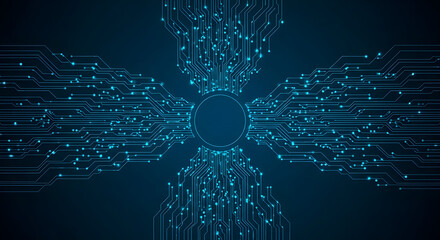 Abstract digital circuitry pattern with glowing blue and teal lines on dark backdrop