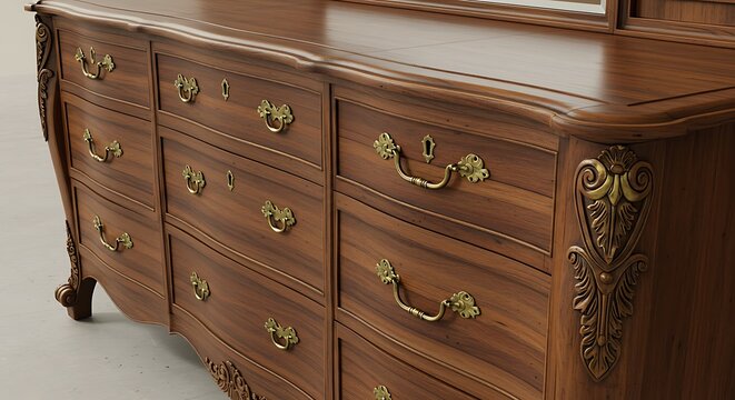 Close-up of antique wooden dresser with ornate hardware and mirror frame