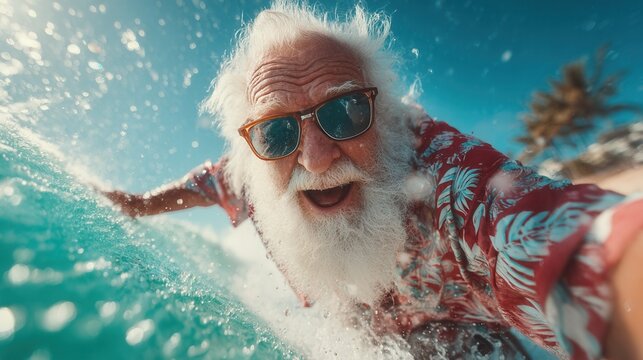 tropical christmas concept. Joyful elderly man enjoying the beach and surfing in vibrant attire.