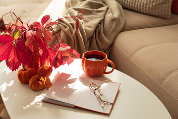 Cozy Autumn Living Room Scene with Mug, Notebook and Seasonal Decor under Sun Light