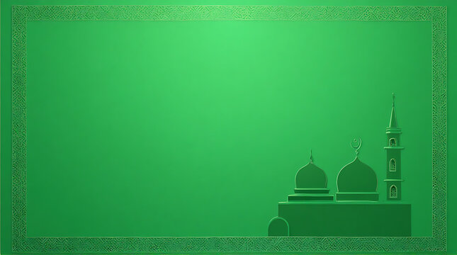 Elegant green background featuring mosque silhouette and intricate border design - Powered by Adobe