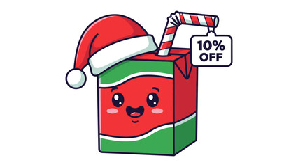 Holiday Juice Box Special: A festive juice box, adorned with a Santa hat and a cheerful smile, proudly displays a 10% discount tag, ready to spread holiday cheer and offer a sweet treat.