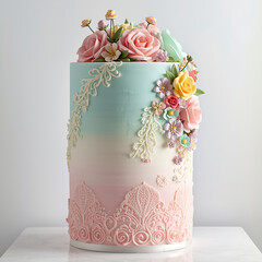 elegant pastel cake with gradient icing lace decorations and sugar roses for celebration