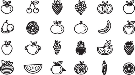 Fruits and Vegetables Line Art Icons Set — Minimal Black Outline Vector Collection