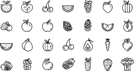 Fruits and Vegetables Line Art Icons Set — Minimal Black Outline Vector Collection