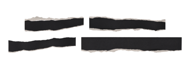 Set of ripped black paper tape pieces with raw torn margin and fibers

