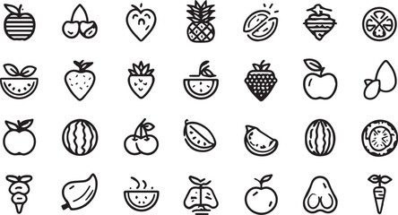 Fruits and Vegetables Line Art Icons Set — Minimal Black Outline Vector Collection