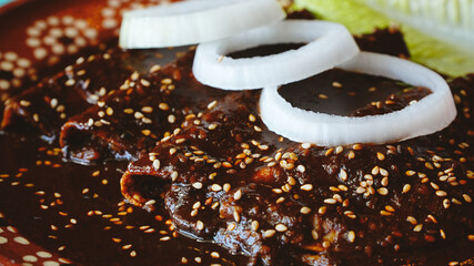 Platillo de enchiladas bañadas en mole, decoradas con rodajas de cebolla, lechuga y jitomate, servidas en plato de barro sobre una mesa turquesa.