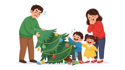Family Festive Frenzy: A lively family scene unfolds as they gather around the Christmas tree. The father and children, caught up in the joyous chaos of decoration.