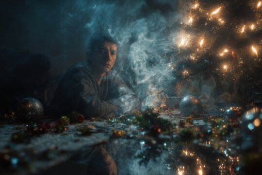 Holiday depression: Close-up of an adult man looking down with a sad, melancholy, and depressed expression during the christmas and winter holiday