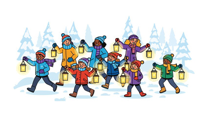 Winter Lantern Procession: A vibrant winter scene unfolds as children march cheerfully through a snowy landscape, each carrying a glowing lantern, illuminating their path with warmth and light. © Rahimatul
