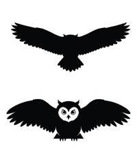 Flying Owl Silhouette and Front View Vector Illustration.
