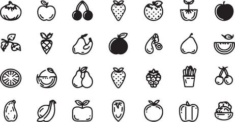 Fruits and Vegetables Line Art Icons Set — Minimal Black Outline Vector Collection