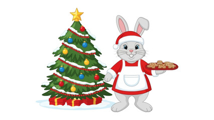 Holiday Bunny's Treat: A cheerful bunny, clad in festive attire, proudly presents a platter of cookies beside a decorated Christmas tree, evoking the warmth and cheer of the holiday season.
