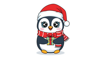 Festive Penguin with Present: An adorable penguin, decked out in a Santa hat and a cozy scarf, cradles a wrapped gift, exuding holiday cheer and the warmth of giving.