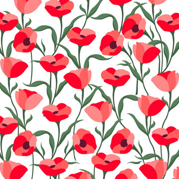 Seamless floral pattern with red and pink poppies on white background. Vibrant spring flower pattern for packaging, textile, fabric, Surface design, wrapping, print, apparel, decoration, gift, poster.