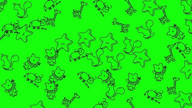 Moving Cartoon Animal Doodle Pattern with Stars on Chroma Key Background