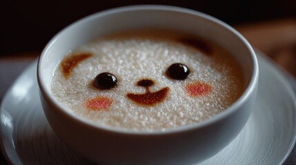 Cute cat Coffee Cup with Whipped Cream .A Perfect for Animal Lovers and Coffee Enthusiasts , a coffee cup with a happy face , a mug coffee with fluffy, white milk close up background 