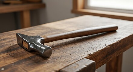 Close-up of a hammer with wooden handle resting on a wooden workbench near a window