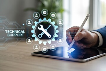 Futuristic digital technology interface with technical support icon and human hand using stylus on tablet