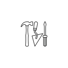 Construction tools outline icon. Can be used for any platform action promotion and advertising mockup. Isolated symbol sign used for: mobile, app, design, web, dev, ui, ux, gui. EPS 10.