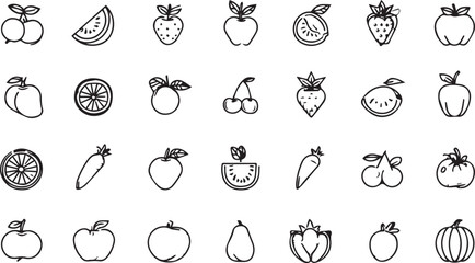 Fruits and Vegetables Line Art Icons Set — Minimal Black Outline Vector Collection