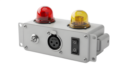 Isolated Metal Industrial Control Panel Box with Red and Yellow Warning Beacon Lights and Switches
