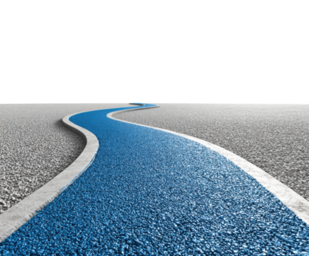 Winding blue road on grayscale asphalt abstract minimalist style isolated on transparent background