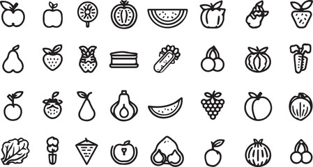 Fruits and Vegetables Line Art Icons Set — Minimal Black Outline Vector Collection