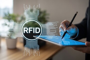 Futuristic rfid technology integrated with digital interface and human interaction for modern data processing