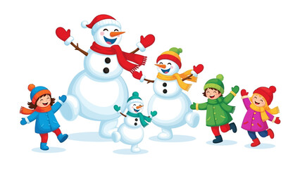 Joyful Winter Frolic: Cheerful snowmen and happy children playing joyfully during winter, dressed in winter attire with red scarf, gloves, hat, and big smile.